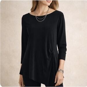 Chicos Travelers Sz 1(8) Blk Asymmetric Ruched LS Travel Minimalist Tunic￼